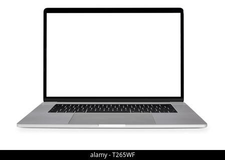 Vorderansicht eines generischen modernen Laptop mit einem weißen Bildschirm und isoliert auf einem weißen Hintergrund (Kopie). Stockfoto