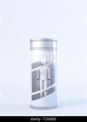 Roboter gefangen in einem Glaskasten, 3D-Rendering Stockfoto