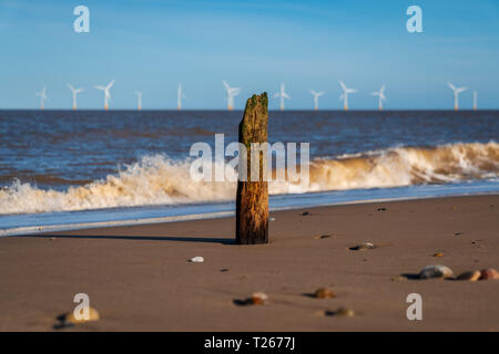 Nordsee küste in Caister-on-Sea, Norfolk, England, Großbritannien - mit einer Welle Leistungsschalter am Strand und Windenergieanlagen im Hintergrund Stockfoto