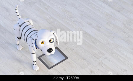 Portrait von Roboter Hund holding Tablet in seine Schnauze, 3D-Rendering Stockfoto