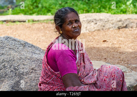 Eine Dame trägt einen rosa Sari in der Landschaft in der Nähe von Chennai, Südindien Stockfoto