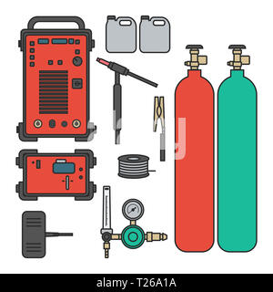 Satz von Vector Illustration gas schweißen Argon Maschine mit Regler tank Fackel für industrielle Bau und Metall, das flache Design Stil Stockfoto