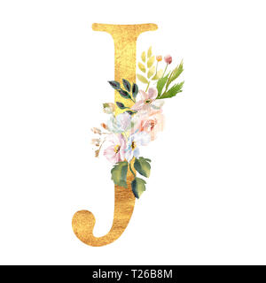 Romantische gold A mit einem gezogenen Aquarell Blumen. Elegante Emblem für Buchgestaltung, Markenname, Einladung Hochzeit dank Karte. Stockfoto