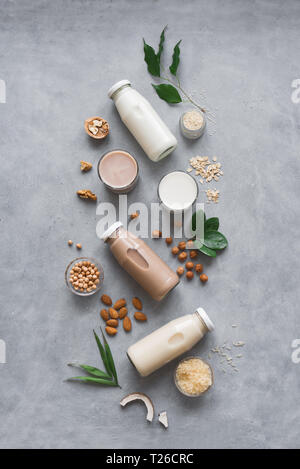 Verschiedene vegane Milch und Zutaten auf pflanzlicher Basis, Ansicht von oben, kopieren. Ohne Milchprodukte Milch Ersatz trinken, gesunde Ernährung. Stockfoto