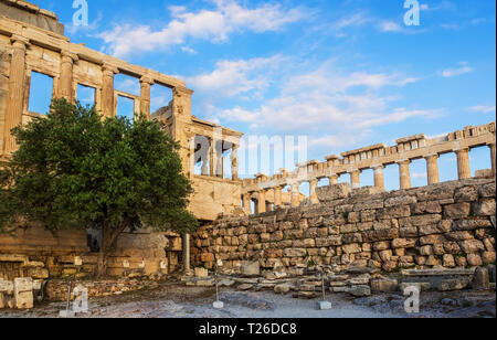 Halle des Poseidon Tempel, Teil des Erechtheion, heiligen Ölbaum, Mauern der Tempel der Athena Polias auf der Akropolis, Athen, Griechenland gegen den blauen Himmel Stockfoto