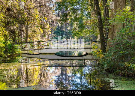 Reflexion der weißen Brücke über einem See in Magnolia Plantation in Charleston, South Carolina Stockfoto