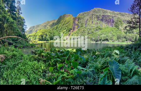 Panoramablick auf den Poco do Ribeira do Ferreiro auf der Azoren Insel Flores Stockfoto