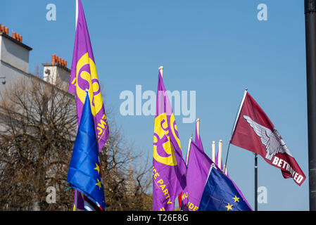 UKIP-Flaggen vor dem Parlament beim Brexit-Verrat-marsch in London, Großbritannien. Flagge der UK Independence Party Stockfoto