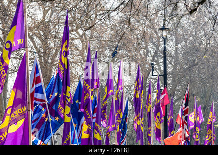UKIP-Flaggen vor dem Parlament beim Brexit-Verrat-marsch in London, Großbritannien. Flagge der UK Independence Party Stockfoto