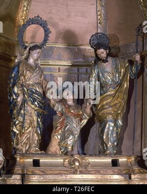 SAGRADA FAMILIA - Siglo XVIII - ESCULTURA BARROCA. Autor: Francisco Salzillo. Lage: Iglesia de Santiago Apostol. Orihuela. Alicante. Spanien. Kind Jesus. Jungfrau Maria. SAN JOSE ESPOSO DE LA VIRGEN, MARIA. Stockfoto