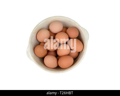 Farm Fresh Bio Eier aus Freilandhaltung in der Schüssel. Ansicht von oben. Bauernhof bis auf den Tisch Stockfoto