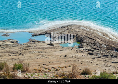 Ein Detail des Toten Meeres shorline in der Nähe von Ein Gedi zeigen Salzablagerungen, Dolinen, Salz, Wasser und Wüste Vegetation Stockfoto