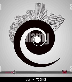 Silhouette der Stadt und Wolkenkratzer im Kreis. Für die Beschriftung. Urban, Immobilien, Agentur. Stock Vektor