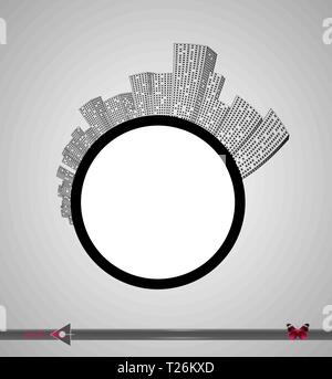 Silhouette der Stadt und Wolkenkratzer im Kreis. Für die Beschriftung. Urban, Immobilien, Agentur. Stock Vektor