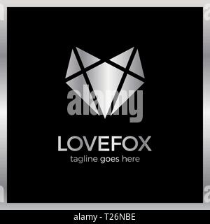 Liebe Fox Head Logo. Line Fox Herz. Luxus, royal Metall Silber Stock Vektor
