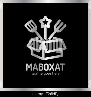 Magic Food Box Logo. Line Überraschung essen Schriftzug. Luxus, royal Metall Silber Stock Vektor