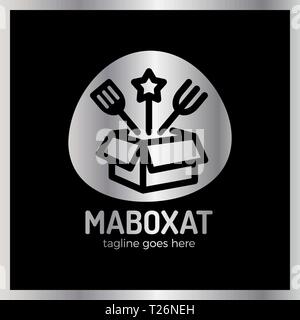 Magic Food Box Logo. Line Überraschung essen Schriftzug. Luxus, royal Metall Silber Stock Vektor