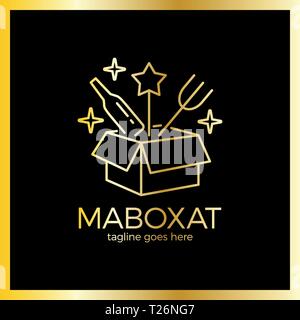 Magic Food Box Logo. Line Überraschung essen Schriftzug. Luxus, royal Metall gold Stock Vektor