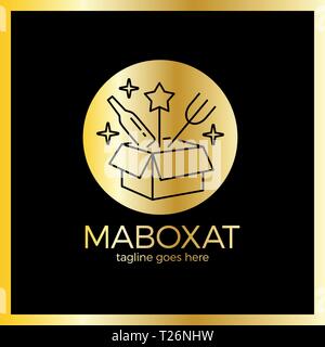 Magic Food Box Logo. Line Überraschung essen Schriftzug. Luxus, royal Metall gold Stock Vektor