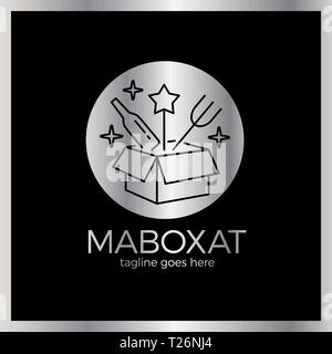 Magic Food Box Logo. Line Überraschung essen Schriftzug. Luxus, royal Metall Silber Stock Vektor