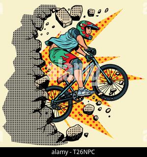 Radfahrer Extremsport Wand bricht. Vorwärts bewegen, persönliche Entwicklung. Pop Art retro Vektor illustration Vintage kitsch Stock Vektor