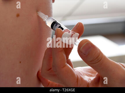 Aukrug, Deutschland. 26 Mär, 2019. Eine Frau erhält eine Impfung. Credit: Carsten Rehder/dpa/Alamy leben Nachrichten Stockfoto