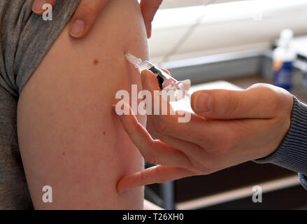 Aukrug, Deutschland. 26 Mär, 2019. Eine Frau erhält eine Impfung. Credit: Carsten Rehder/dpa/Alamy leben Nachrichten Stockfoto