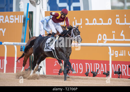 Dubai, USA. 30 Mär, 2019. MEYDAN, VEREINIGTE ARABISCHE EMIRATE''""" März 30: Kohle Vorne, geritten von Jose Ortiz, gewinnt die Gruppe 2 Godolphin Mile auf Dubai World Cup Nacht am Meydan Racecourse in den Vereinigten Arabischen Emiraten. Michael Sportswire McInally/Eclipse/CSM/Alamy leben Nachrichten Stockfoto