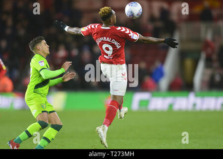 Britt Assombalonga in Aktion während der Sky Bet Championship Match zwischen Middlesbrough und Norwich City an der Riverside Stadium, Middlesbrough am Samstag, den 30. März 2019. (Bild: Tom Collins | MI Nachrichten & Sport Ltd) © MI Nachrichten & Sport Ltd Tel.: +44 7752 571576 e-mail: markf@mediaimage.co.uk Adresse: 1 Victoria Grove, Stockton on Tees, TS 19 7 EL Credit: MI Nachrichten & Sport/Alamy leben Nachrichten Stockfoto