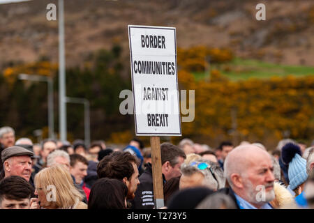 Carrickcarnon, Newry, UK, 30. März 2019. Hunderte von Menschen haben eine Brexit Protest am Carrickcarnon, der eine der wichtigsten Grenzübergangsstellen der britischen Grenze in Irland am Tag nach der UK wurde durch die EU zu verlassen, hunderte von Demonstranten auf der Grenzbrücke zwischen den Newry und Dundalk Straße gesammelt. Credit: Bonzo/Alamy leben Nachrichten Stockfoto