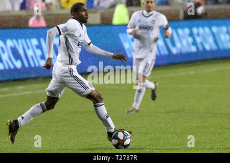 Cincinnati, Ohio, USA. 30 Mär, 2019. Der Philadelphia Raymon Gaddis während ein MLS-Fußball-Spiel zwischen dem FC Cincinnati und Portland an Nippert Stadion in Cincinnati, Ohio. Kevin Schultz/CSM/Alamy leben Nachrichten Stockfoto