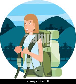 Reisende Frau mit Reisetasche und Landschaft Charakter Vektor Illustration Design Stock Vektor