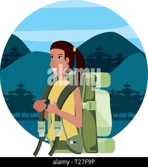 Reisende Frau mit Reisetasche und Landschaft Charakter Vektor Illustration Design Stock Vektor