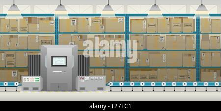 Factory Interieur mit Maschine und Förderband flache Design Vector Illustration Stock Vektor