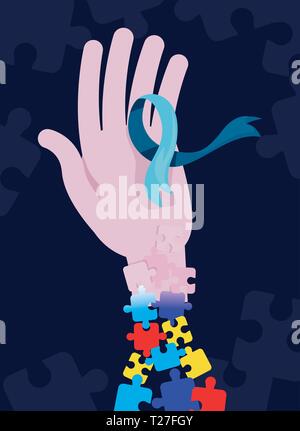 Autismus Tag Kampagne Hand blau Band Puzzleteile Vektor Illustration Stock Vektor