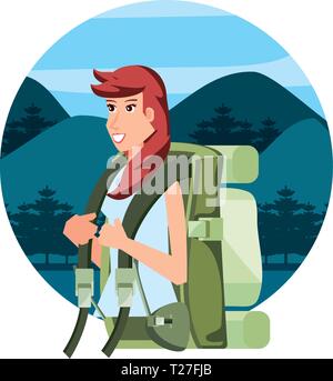 Reisende Frau mit Reisetasche und Landschaft Charakter Vektor Illustration Design Stock Vektor