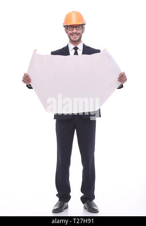 Im vollen Wachstum. Geschäftsmann auf Skizzen einer neuen Projek Stockfoto