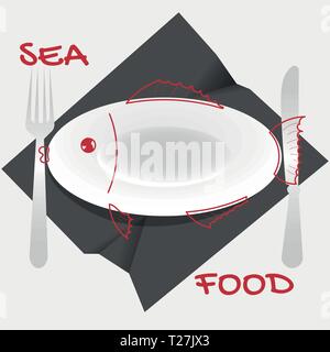 Logo der Sea Food Restaurant mit einer Platte in Form von Fisch und Besteck auf eine zerknitterte Serviette Stock Vektor