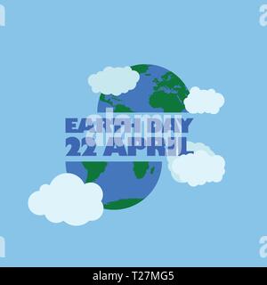 Tag der Erde 22 april Typografie an der Unterseite und oben die Erde mit Cloud. happy Earth Day, also am 22. April. Tag der Erde logo, Erde Abbildung. Weltkarte Stock Vektor