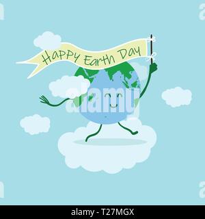 Tag der Erde Abbildung mit glücklichen Erde Charakter Holding auf happy Earth Day flag um Abbildung haben Cloud. happy Earth Day, also am 22. April. Tag der Erde Stock Vektor