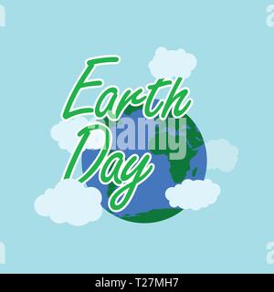 Grüne Erde Tag Typografie mit weißer Umriss der Erde und Cloud auf der Erde hinter sich haben und der Cloud. happy Earth Day, also am 22. April. Tag der Erde logo, Erde krank Stock Vektor