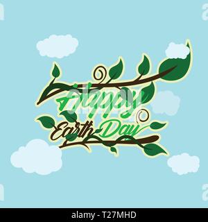 Grün happy Earth Day Typografie an der Unterseite und oben haben Stammzellen und Ranken mit Blatt cloud Hintergrund. happy Earth Day, also am 22. April. Tag der Erde Logo, Stock Vektor