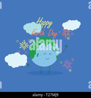 Happy Earth Day Typografie mit Abbildung der Erde lächeln Charakter, Feuerwerk und Cloud Umgebung Charakter. happy Earth Day, also am 22. April. Tag der Erde Stock Vektor