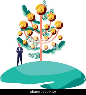Geschäftsmann Baum Geld Münzen Wachstum Vektor Illustration Stock Vektor