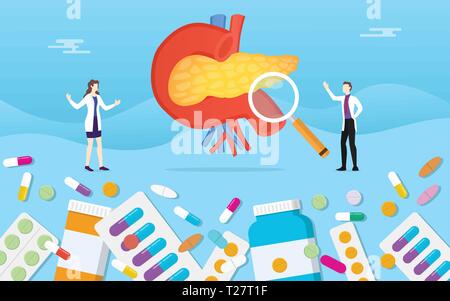 Die menschliche Bauchspeicheldrüse Medizin Gesundheit pillen Medikament Kapsel Behandlung mit Arzt Analyse-Vektor Stock Vektor
