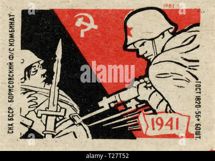 Russland - 1961: Sowjetunion Propaganda, streichholzschachtel Grafiken, WW 2 Sieg Stockfoto