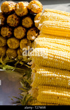 Extreme Nahaufnahme von Gegrilltem und gekochten Mais Verkauf auf der Straße an einem sonnigen Tag voller Stockfoto