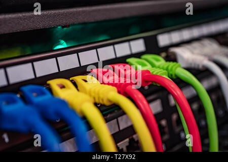 Bunte Telekommunikation bunte Ethernet Kabel angeschlossen, um den Switch in Internet Datacenter Stockfoto