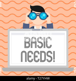 Konzeptionelle Handschrift, die grundlegenden Bedürfnisse. Begriff Sinne Messung der absoluten Armut in den Entwicklungsländern Mann hält und Suchen in Bino Stockfoto