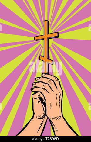 Christlich-orthodoxen Kreuz in das Licht, die Hände des Gläubigen. Stock Vektor